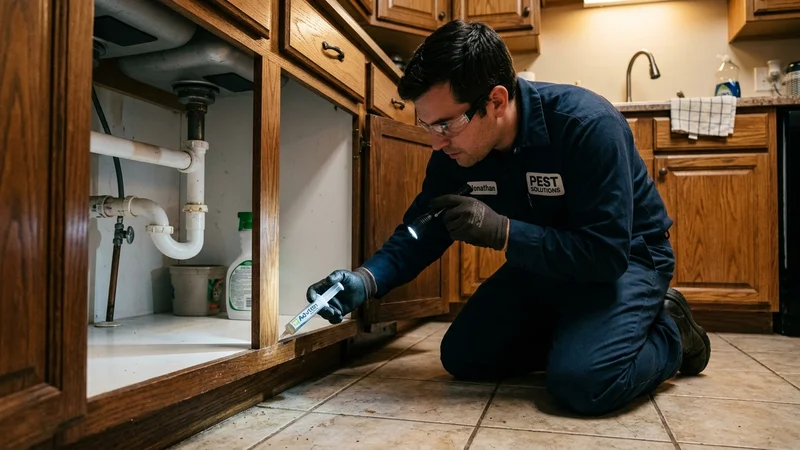 Licensed Pest Control Technician Applying Precision Gel Bait for Cockroaches in Owasso Kitchen